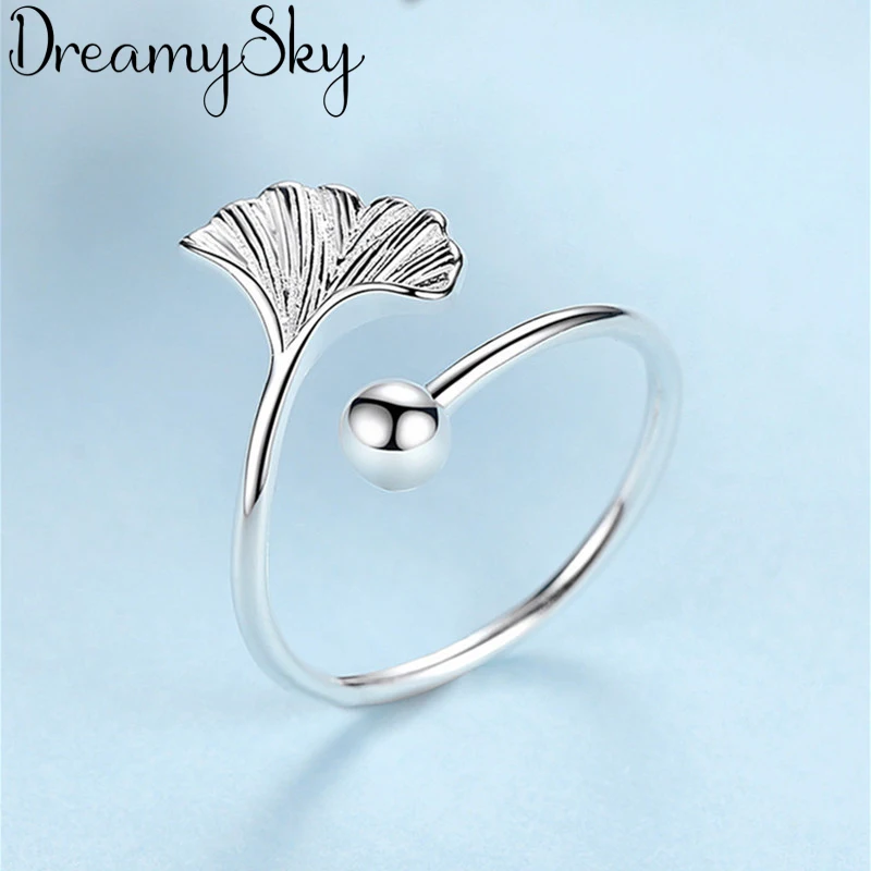 Genuine 100% Silver Color  Ginkgo Biloba Leaf Rings for Women Simple Rings Party Vintage Jewelry