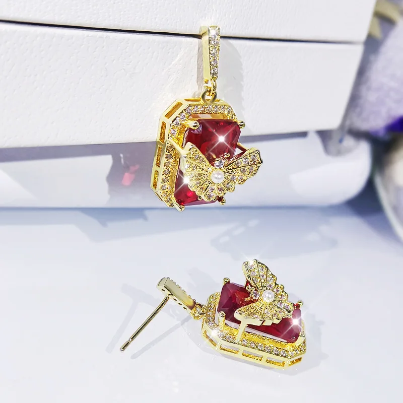 Fashion Elegant Ruby Butterfly Earrings Inlaid Crystal Zircon Three-Dimensional Flower High-Quality Wedding Earring Jewelry Gift