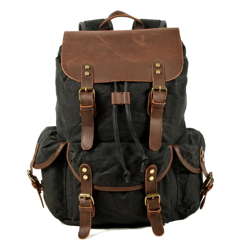 Wasserdicht Leinwand Rucksäcke Für Männer Leder Laptop Rucksack Retro Große Kapazität Reisetasche Trend Straße Junges Motorrad Daypacks