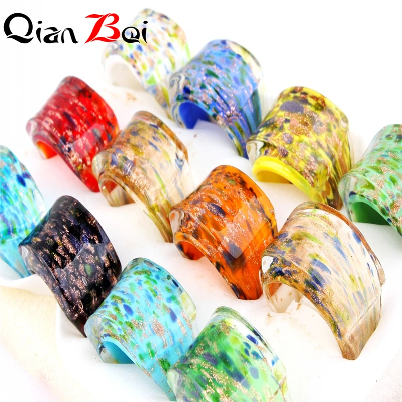 QianBei Wholesale 12Pcs/Lot Fashion Art Painting Pattern Series Murano Lampwork Glass Crystal Charm Men Women Rings Free Ship