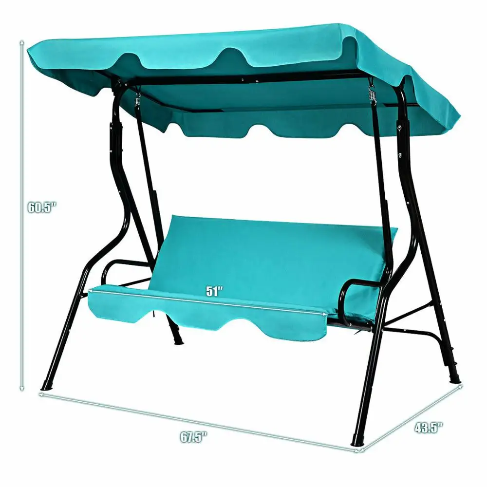 Patio 3 Seats Canopy Swing Glider Hammock Cushioned Steel Frame Backyard Blue