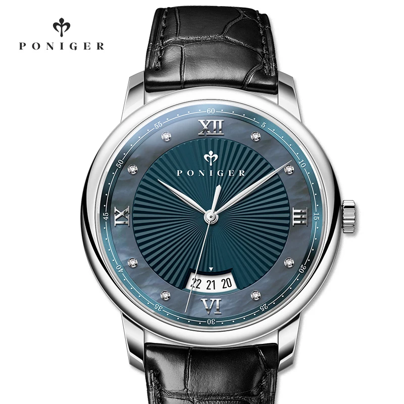 Poniger topo marca de luxo masculino relógio de pulso quartzo com pulseira de couro casual relógio de negócios masculino safira à prova dwaterproof água data relógios