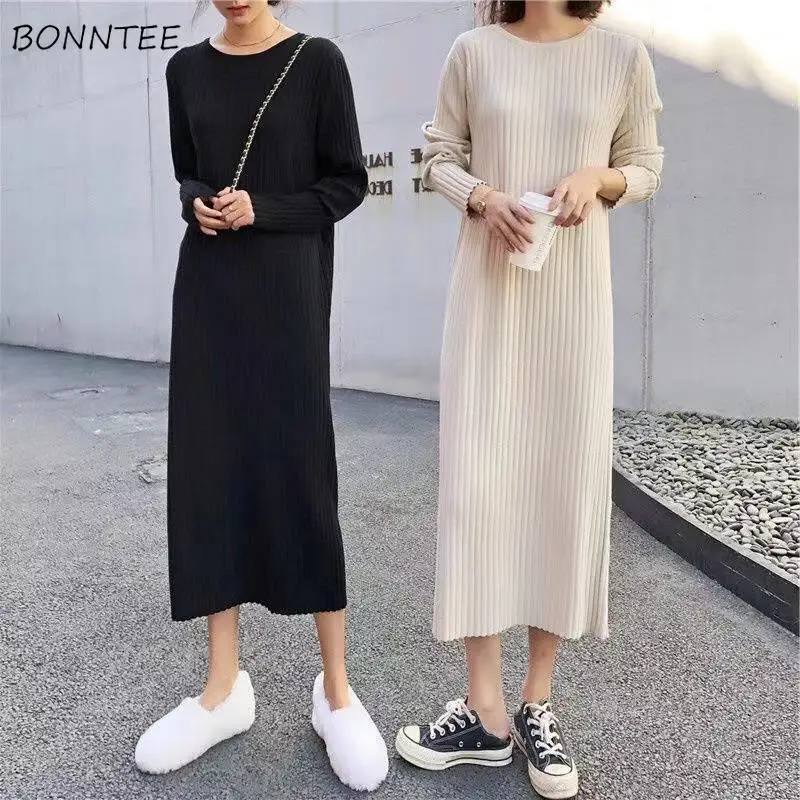 Long Sleeve Dress Women New Friends Korean Style Skinny Maxi Knitted Solid Simple Casual Warm Elasticity O-neck Harajuku Vestido