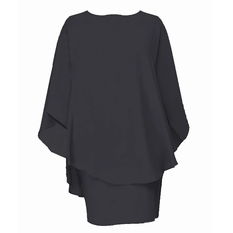 Chiffon Dress Women Casual Fashion Fake Two Pieces Batwing Sleeve O-neck Elegant Cape Dress