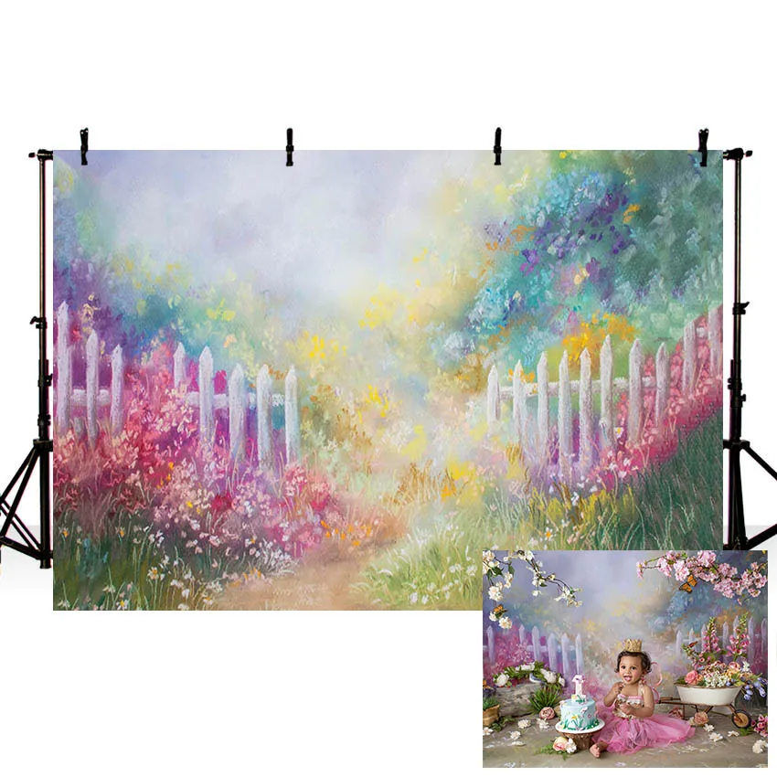 

Mehofond Secret Garden Newborn Portrait Photography Backdrop Painting Floral Fence Baby Birthday Photo Background Studio Shoot