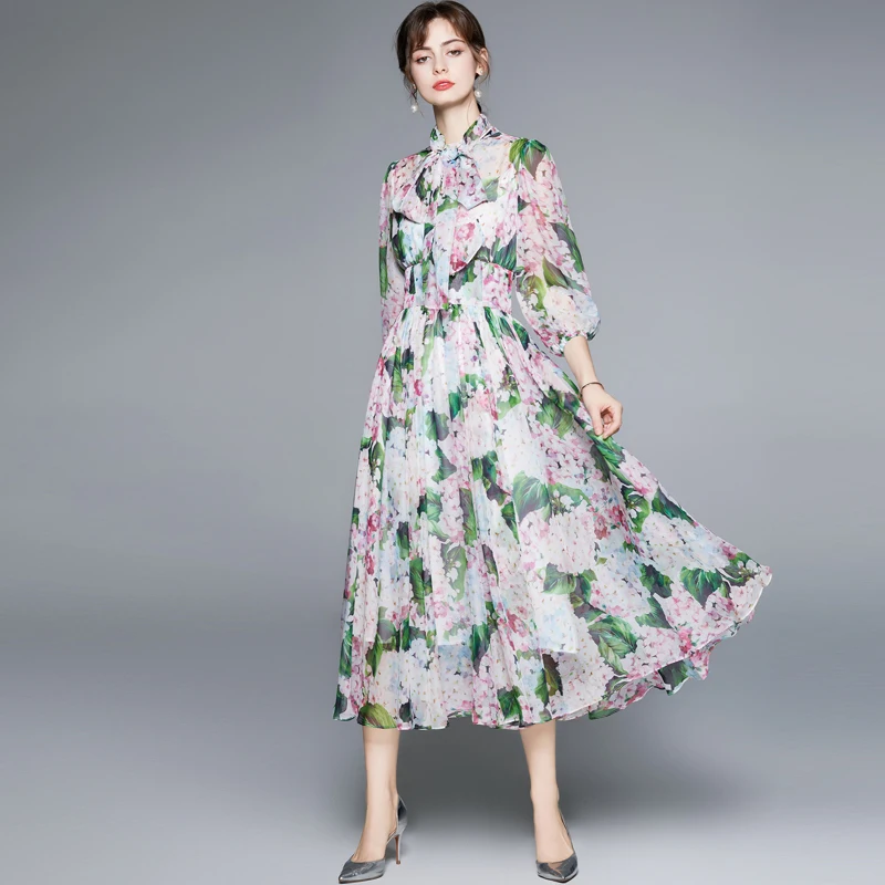 

ZUOMAN Women Spring Summer Elegant Floral Chiffon Dress Festa High Quality Wedding Party Robe Femme Vintage Designer Vestidos