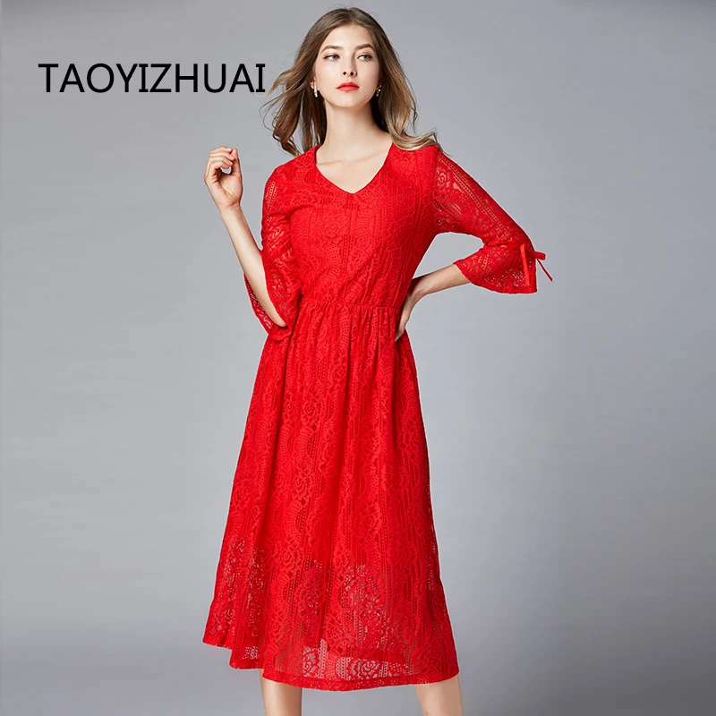 

Taoyizhuai brand red lace dress spring and autumn new V-neck red skirt return dress versatile elastic waist casual skirt