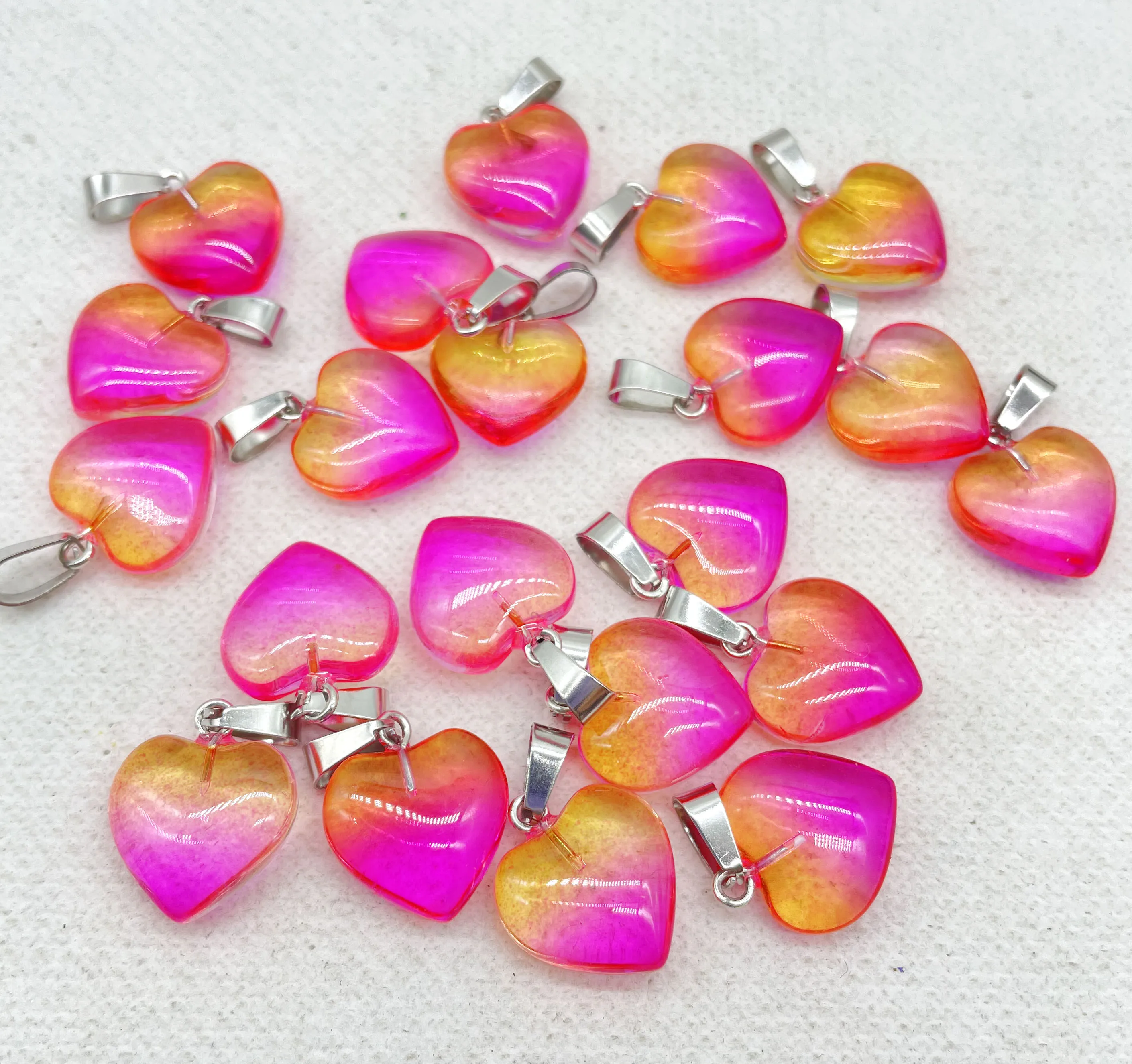 16mm Natural Gem stone Quartz Crystal opal Cat\'s eye Colorful charms heart pendants for diy jewelry making Necklace 12pcs