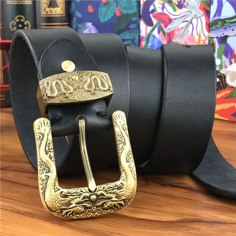 Chinese Dragon Cowboy Brass Belt Buckle Men\'s Belt Ceinture Homme Yellow Belt Male Wide Jeans Men Leather Belt Riem MBT0099