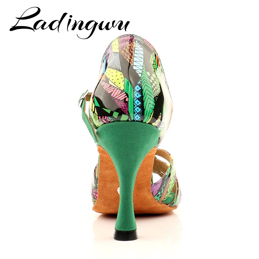 Ladingwu Hot Brand Latin Dance Shoes Salsa Women Girls Comfortable Dance Shoes Sandals Colorful Geometric Print Pattern Shoes