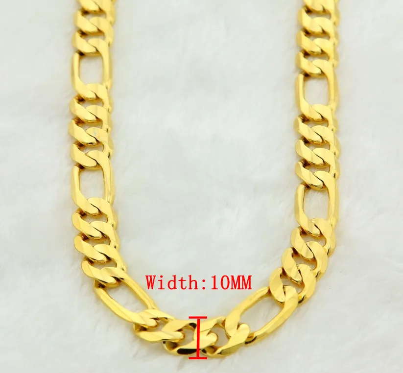 pure gold color men chain necklace jewelry,plated 24k Gold 10mm heavry figaro chain necklace for men 20” 22\