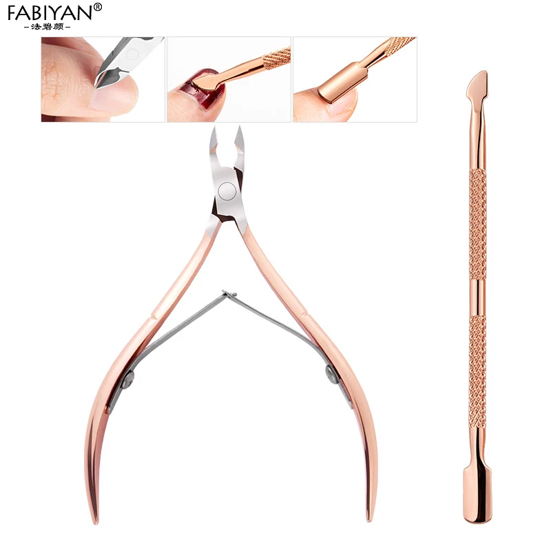 Aço inoxidável Double Head Nail Art, Dead Skin Pusher, Cutícula Nipper, Tesoura, Manicure Set, Rose Gold, Gel UV Remover, 2 Pcs, 4Pcs Set