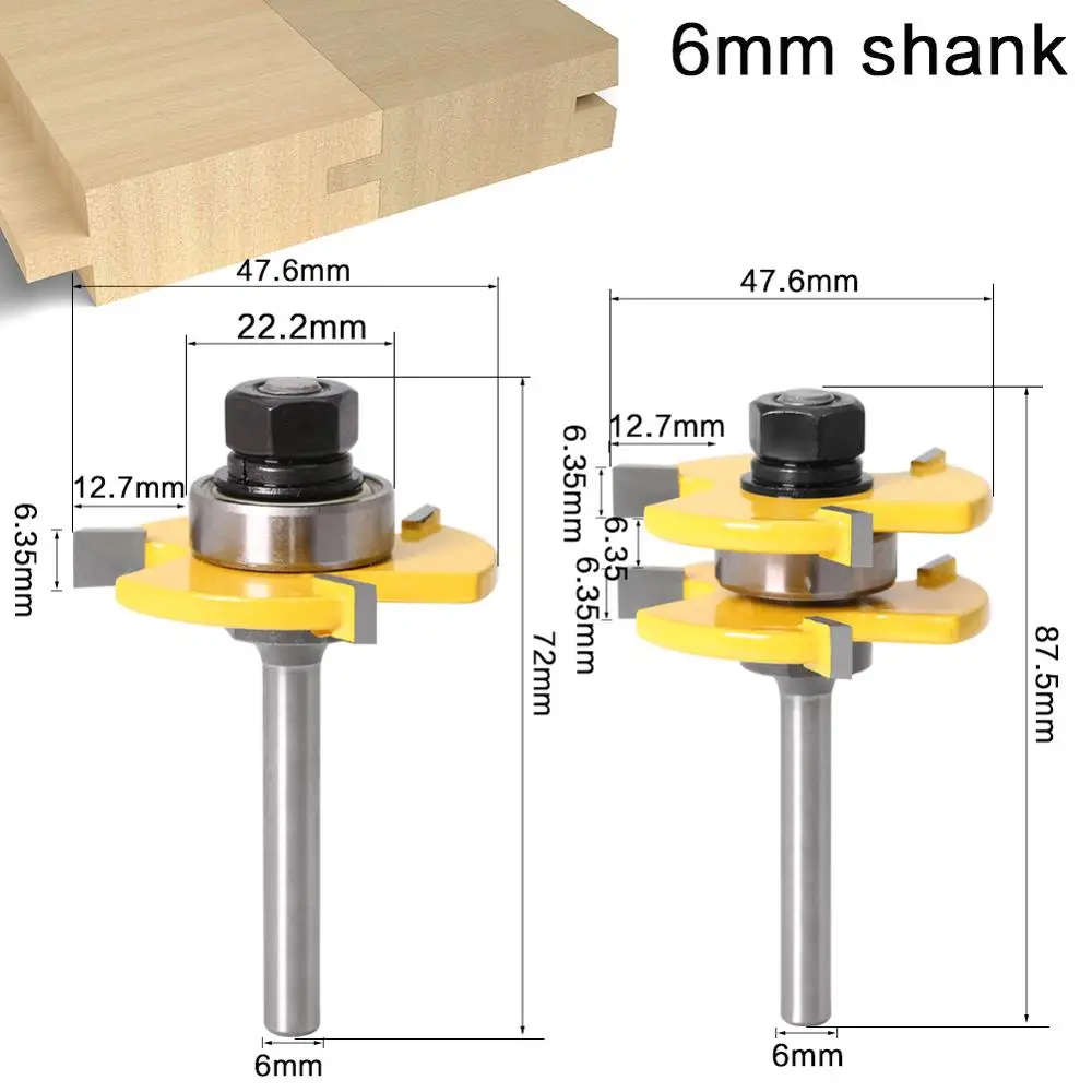 2pc 6mm 1/4inch Shank high quality Tongue & Groove Joint Assembly Router Bit Set 3/4\