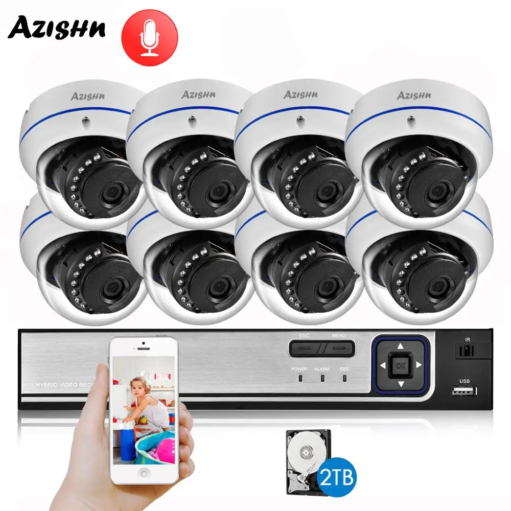 AZISHN-방폭 H.265 8CH 3MP POE 보안 카메라 시스템 NVR 키트 오디오 IP 카메라, 실내 실외 CCTV 감시 NVR 세트 