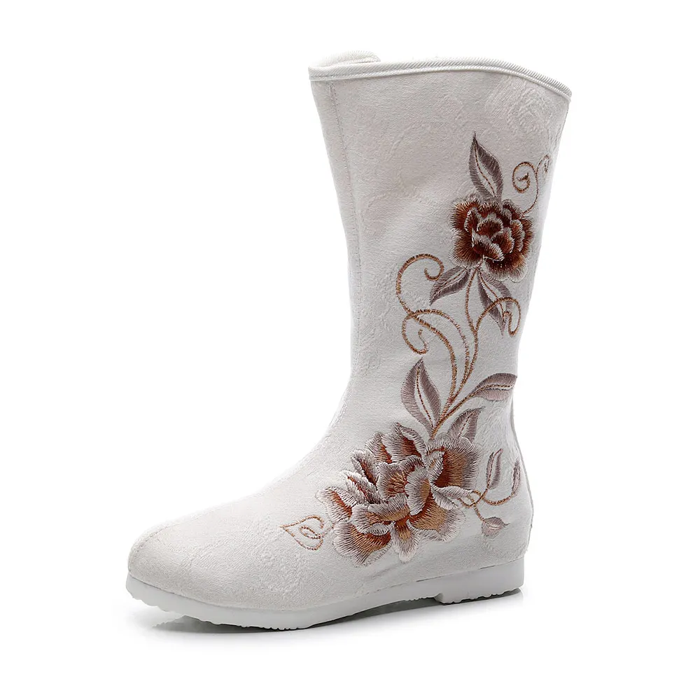 Veowalk Women Canvas Mid-calf Flat Boots Winter Autumn Comfortable Embroidered Ladies Shoes