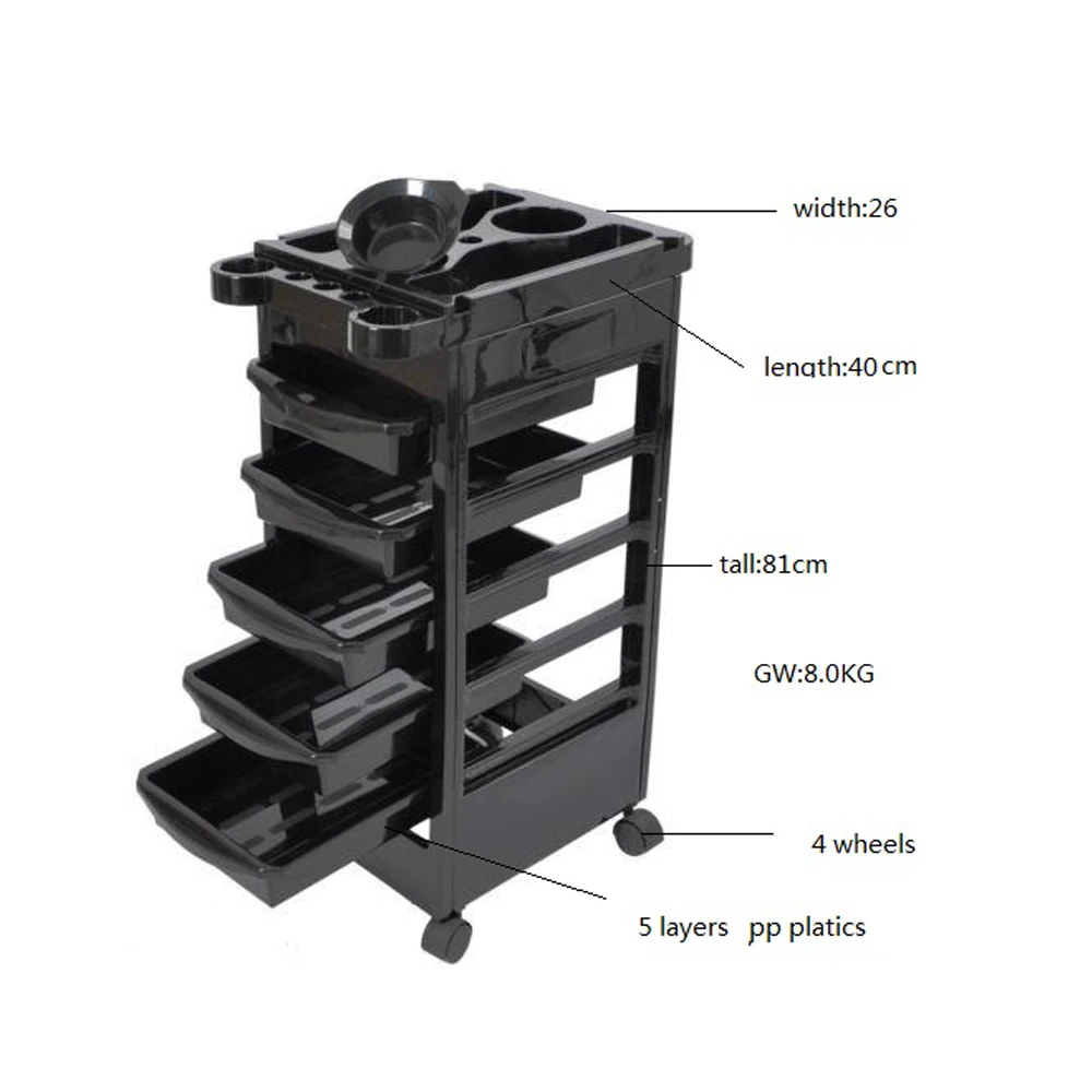 5 Tiers Removable Portable Plastic Hairdresser Beauty Storage Trolley Black storage box  makeup storage