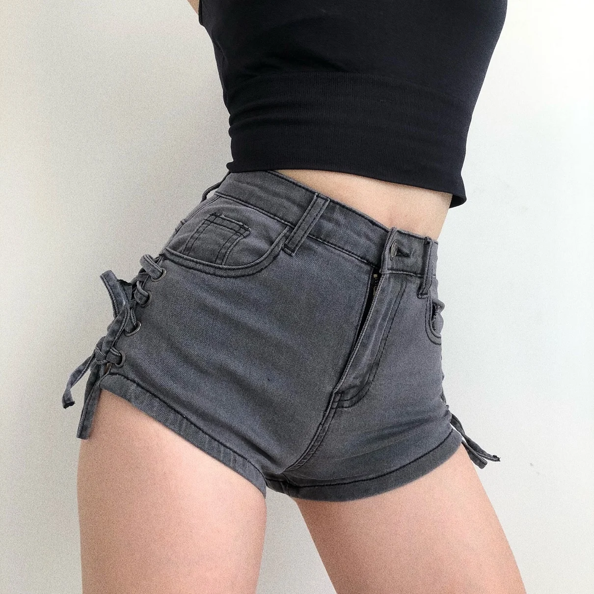 TVVOVVIN Drawstring High Waist Summer Slim Skinny Stretch Hot Mini Denim Sexy Booty Shorts Women Short Feminino Boho Strapon 8ZC