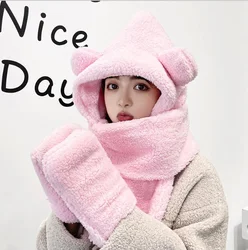 Little Bear Hat Scarf Autumn Winter Scarf Female Hat Scarf Gloves One Cartoon Cute Warm Plush Girl Fashion Pink