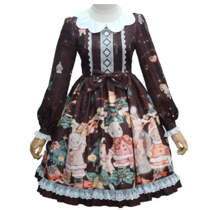 Robe gothique lolita op pour filles, douce, princesse, vintage, col en pétales, nœud papillon, imprimé, taille haute, robe victorienne