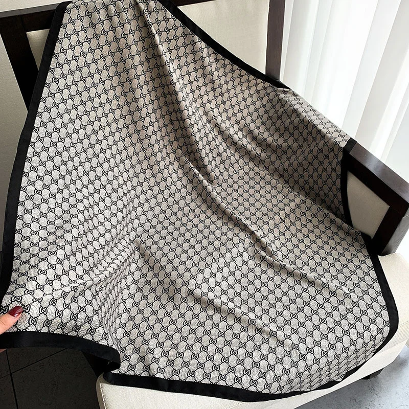 NewChic Luxuey 90cm square scarf Silk Women Square Silk Scarf for Hair Pure Color Letter Printed Head Scarf for Women Hand