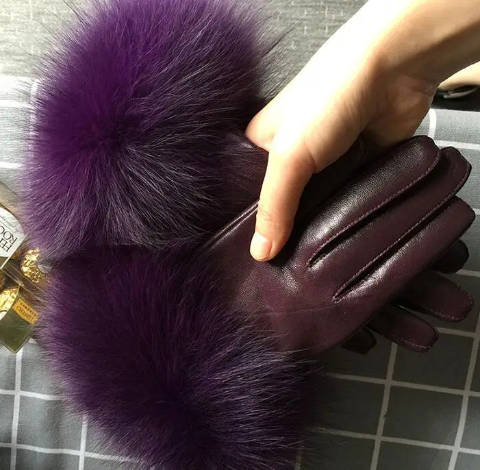 Women's natural big fox fur genuine leather glove lady's warm natural sheepskin leather plus size purple driving glove R2453