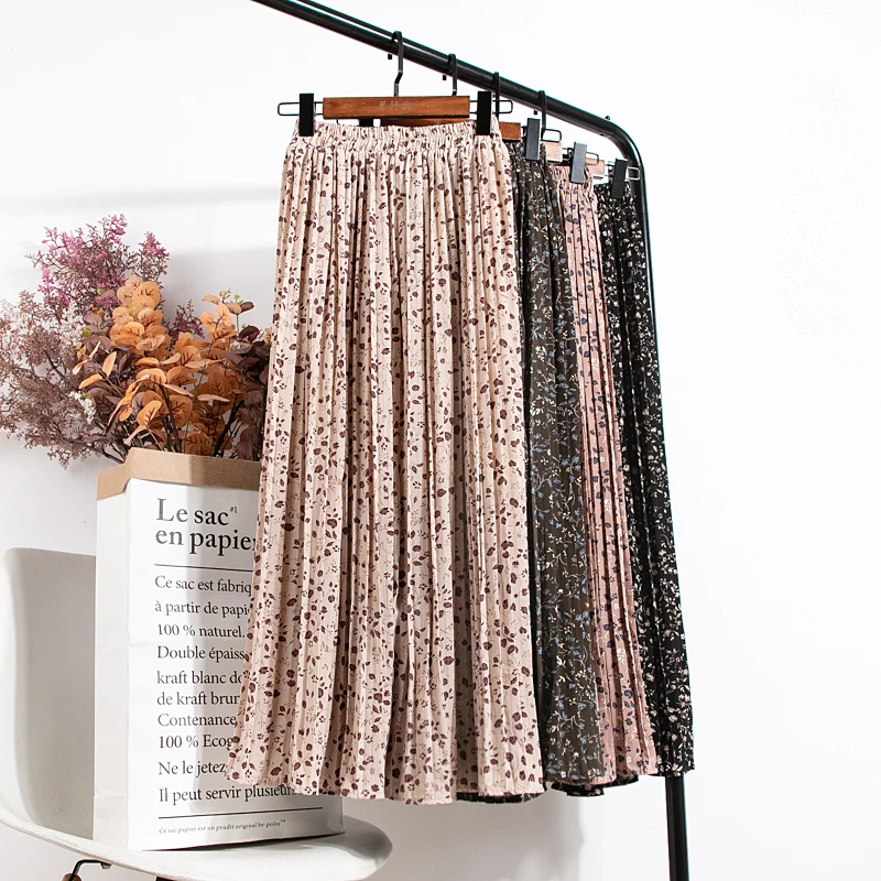 Croysier Skirts Womens 2021 High Waist Floral Print Mid Calf Long Pleated Skirt Women Summer Vintage Elegant Chiffon Midi Skirt