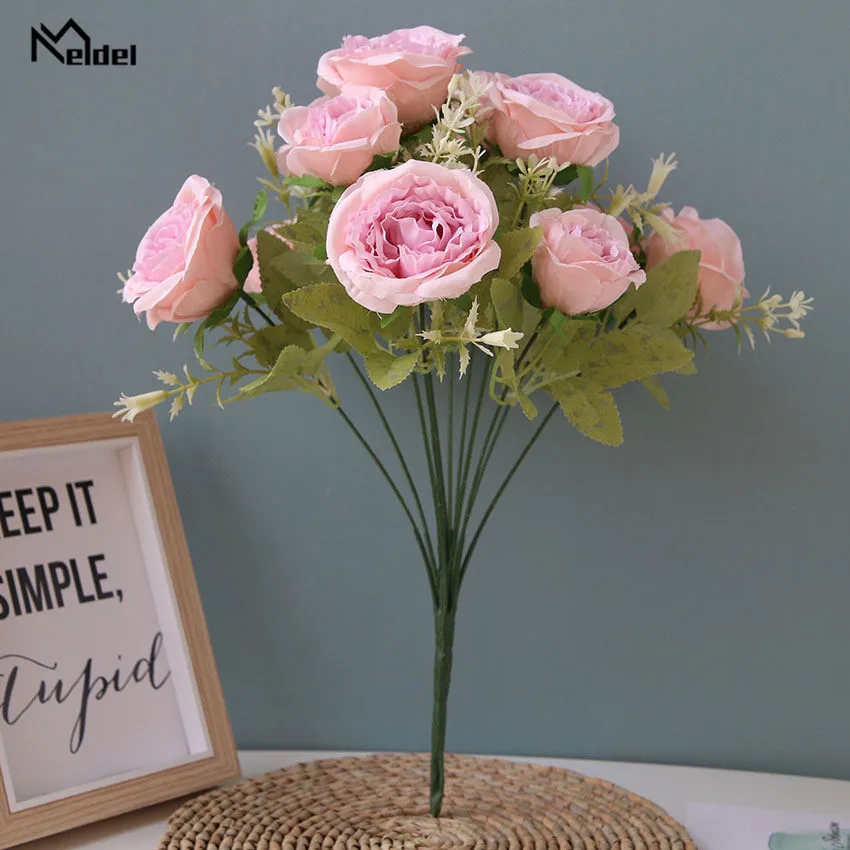 Meldel diy buquê de flores de noiva, arranjo de flores de rosa em seda artificial com 12 cabeças, decoração para casa e escritório