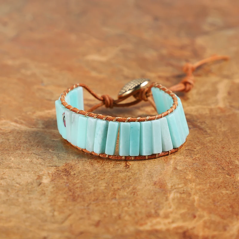 

New Bohemia Bracelet Amazonite Single Vintage Leather Wrap Bracelet Semi Precious Stone Beaded Cuff Bracelet Dropshipping