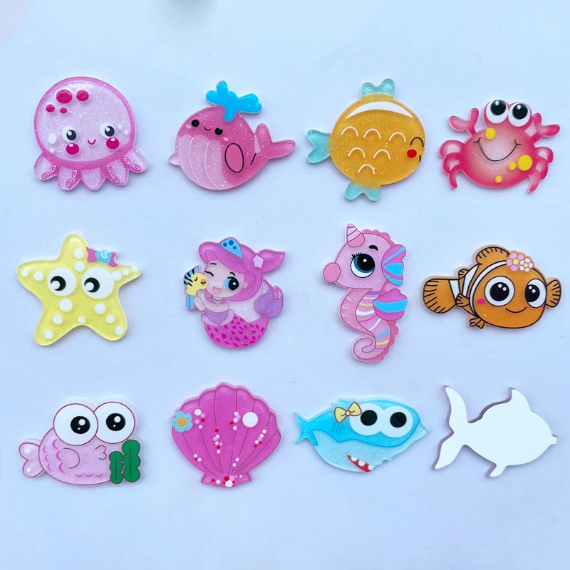 12 New Cute Cartoon Ocean Series Mermaid Princess Acrylic Flat DIY Crafts Hair Accessories, Mobile Phone Shell Accessories A48