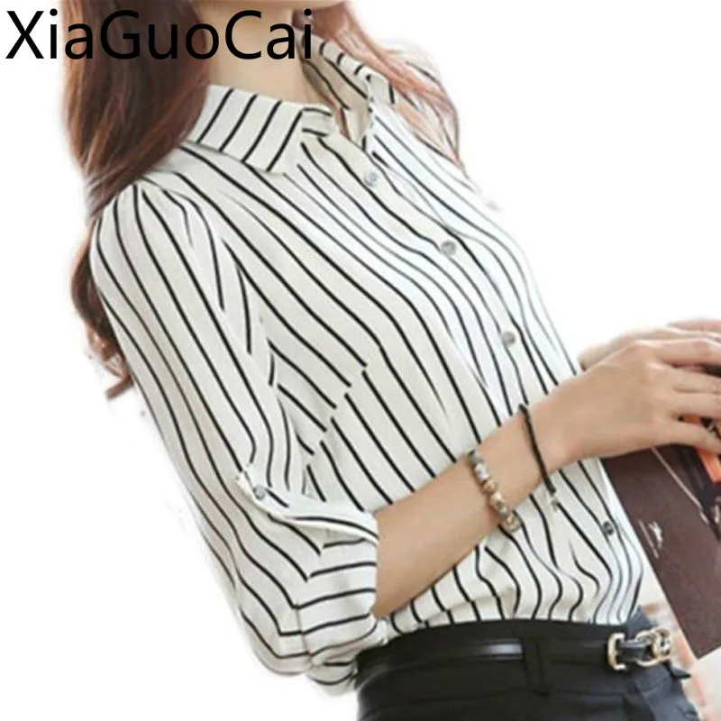 Spring Black and White Office Ladies Shirts Vertical Stripes Ladies Self-cultivation Blouse Long-sleeved Chiffon Female Shirts