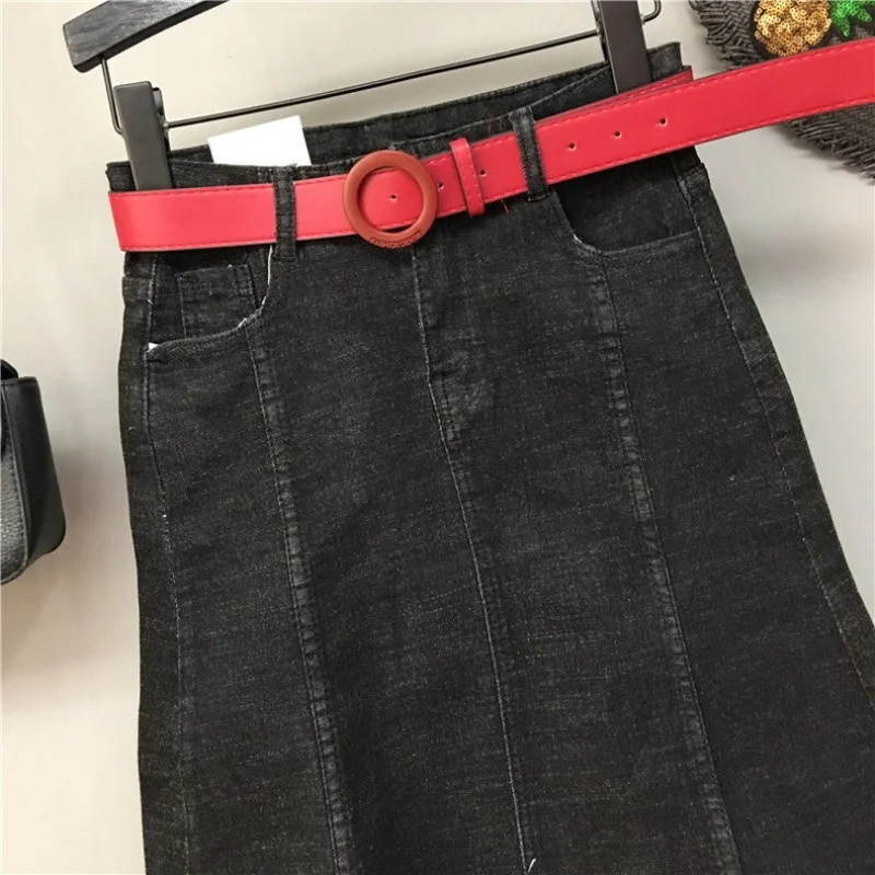 Sale Hot European Womens New High Waist Knee Length Denim Skirts Streetwear Patchwork Black Slim Fit Female Wrap Turmpet Skirts