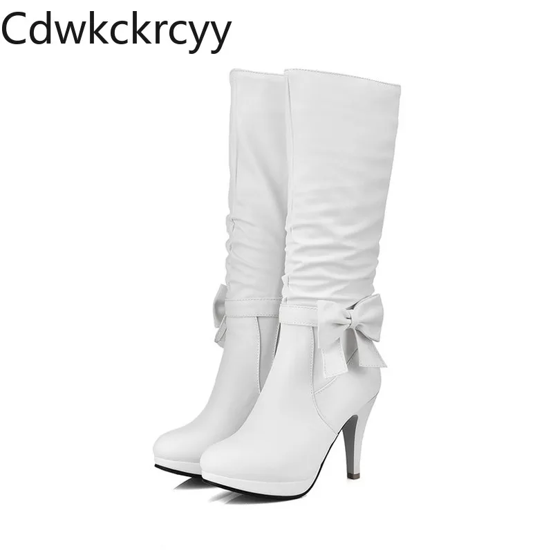 winter The New fashion Round head Thick heel 10CM Knight boots white sweet Bow Plus velvet Keep warm High heel Women boots 34-43