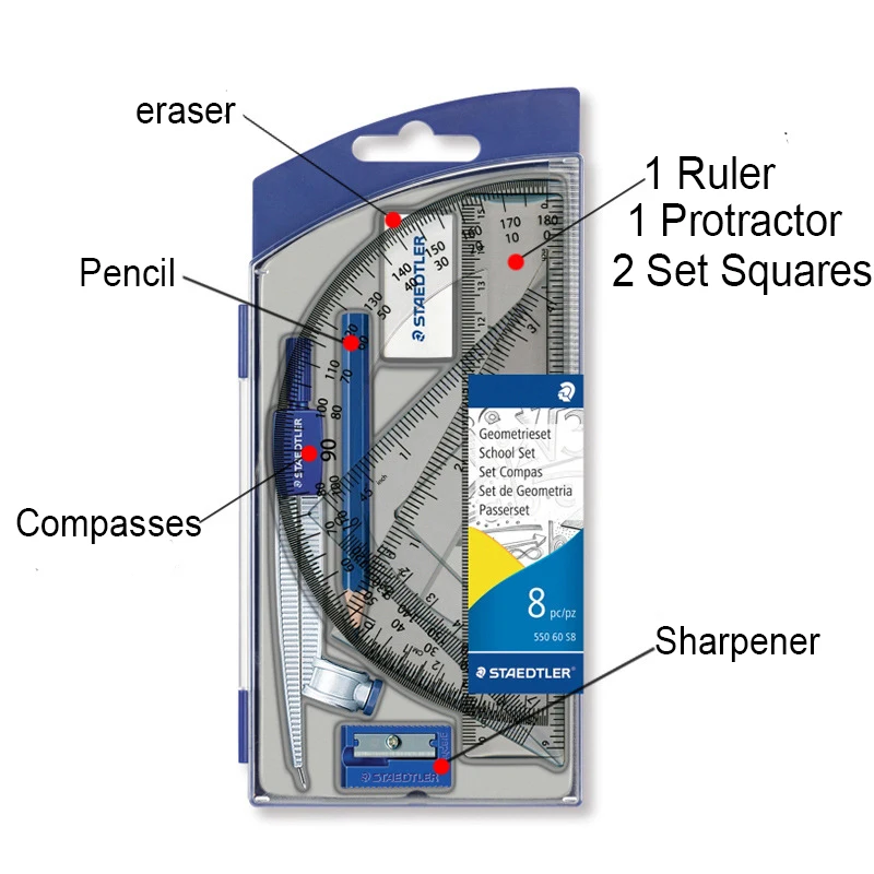 Staedtler 550 60 S8 Compasses School Set Ruler Protractor Set Square Student drawing tools 8pcs/set