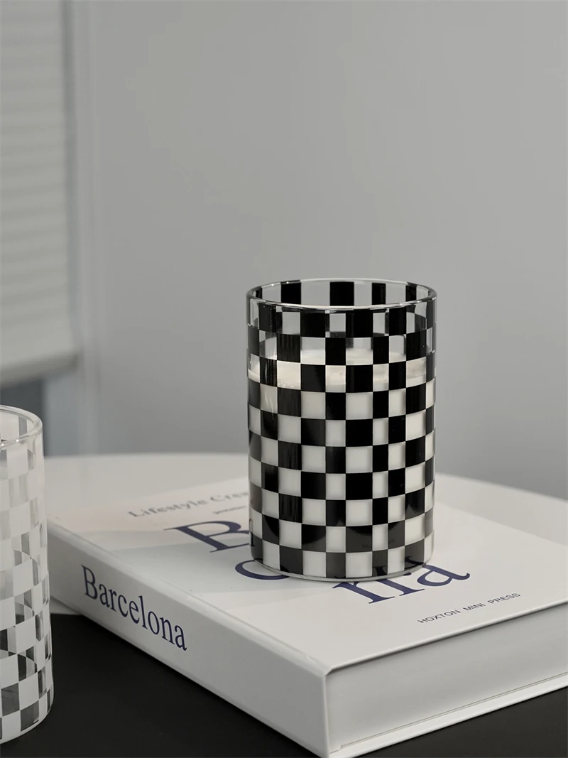 320ML White Black Checkerboard Plaid Drinkware Glass Water Cup Glass Heat-resistant Glass Mug Wine Coffee Cup Denim Cup