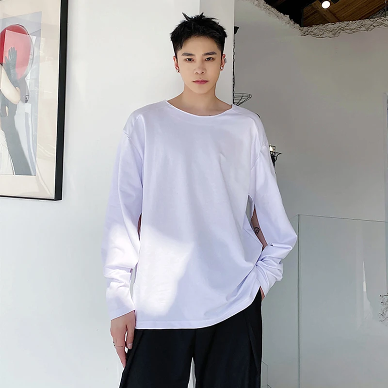 Super fire minority long sleeve perforated sleeve design loose with fashionable personality T-shirt round neck bottoming shirt s