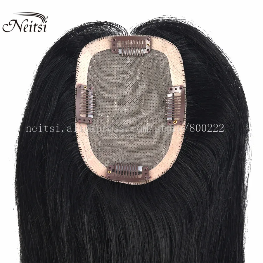 Neitsi  9x13 cm Women Remy Hair Topper Natural Straight Lace Base 4 Clips Toupee Hair System 16 Inches 150% Density Black Brown