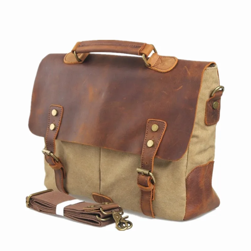 Vintage Waxed Canvas Male Messenger Bag Oiled Leather Business Bag Large Capacity School Laptop Crossbody Bags for men