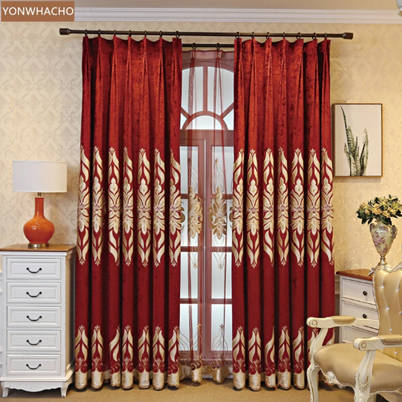 

Custom curtains High-class American thick chenille embroidered red wedding room cloth blackout curtain tulle drape B914