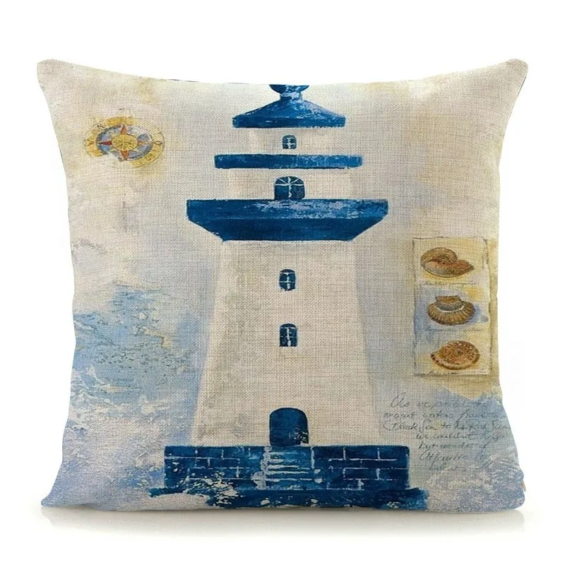 Mediterranean Lighthouse Ocean Sailing Print Home Decorative Cushion Cover Cotton Linen Pillow Case for Sofa Bed Chair 45x45cm