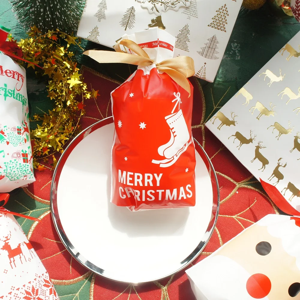 23.5*14.5cm 50pcs Christmas Santa Claus Reindeer Design Bag Christmas Party Gift Plastic Packaging Bags As DIY Bake Use