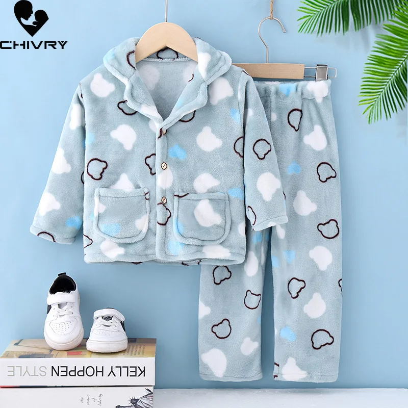 Kids Soft Flannel Pajama Sets Boys Girls Autumn Winter Thicken Warm Home Wear Children Lapel Long Sleeve Sleeping Clothing Sets