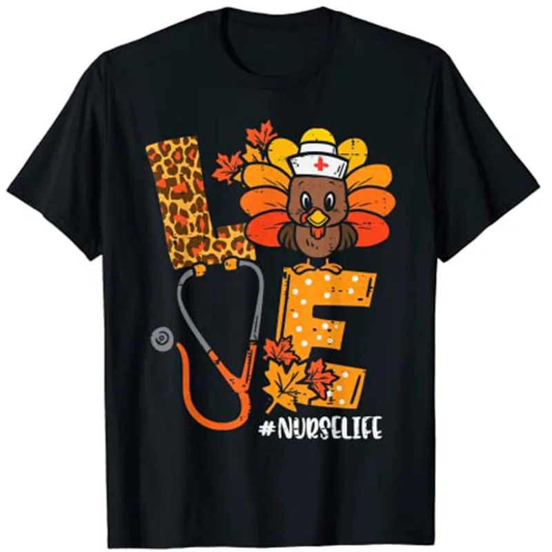 Love Turkey Stethoscope Nurse Life Thanksgiving Fall Women Graphic T-Shirt