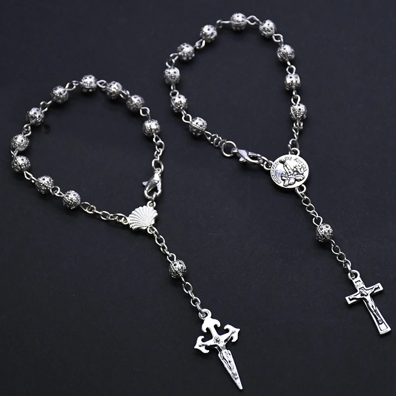 QIGO Vintage Hollow Out Metal Beads Cross Rosary Bracelet With Box Religious Pray Jewelry For Men Women