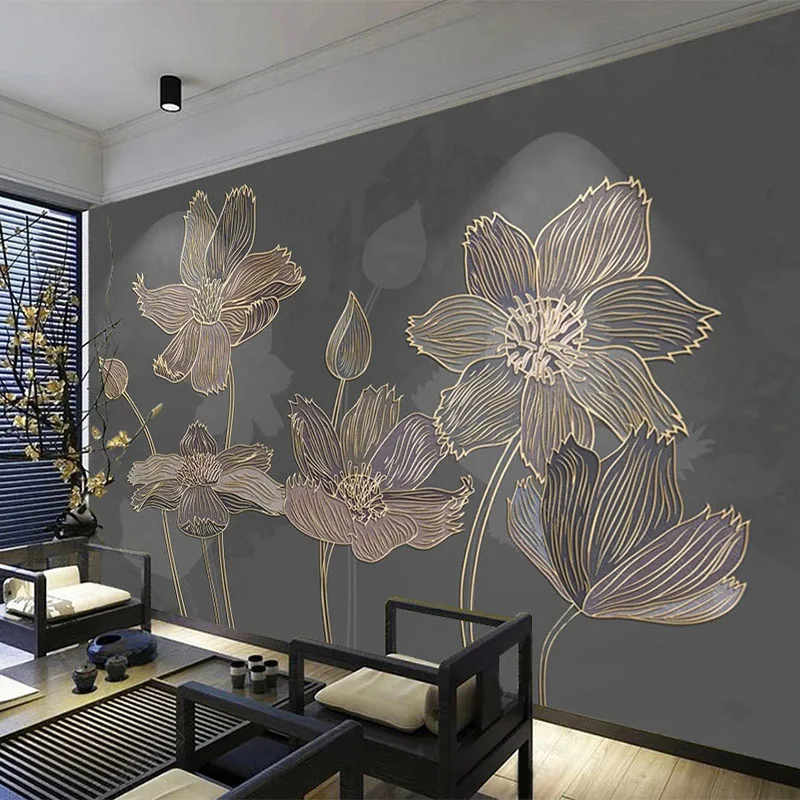 Custom Photo Wallpaper European Style Flower Light Luxury 3D Golden Embossed Line Mural Living Room TV Background Wall Stickers