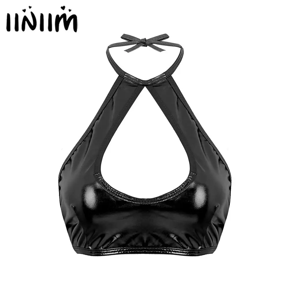 iiniim Womens Femme Tops Shiny Metallic Sleeveless Tops Cut Out Crop Tops Sexy Clubwear Pole Dance Holographic Festival Clothes