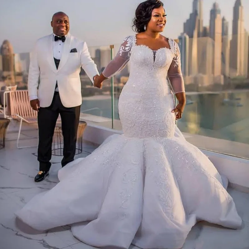 Vestidos De novia De sirena africana, Apliques De encaje De talla grande, vestidos De novia De manga larga transparentes, Vestido De novia De satén