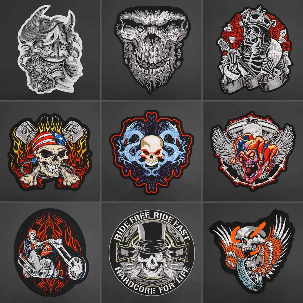 

Skull Motorcycle Ride Fast Punk Embroidery Sewing Label Biker Patch Flame Rose Skeleton Badge Leather Vest Apparel Accessories