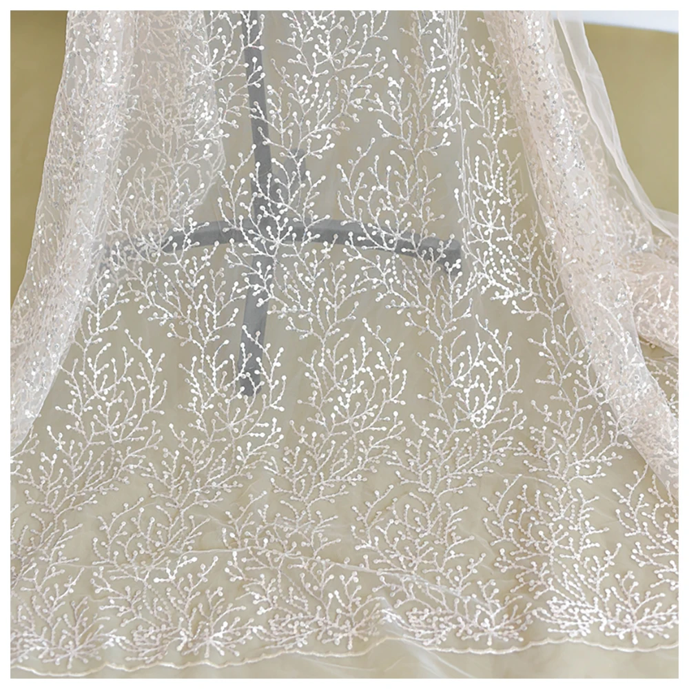 

Tulle Lace Fabric 1 Meter Ivory Mesh Light Champagne Sequins Embroidered Bridal Wedding Dress Skirt Sewing 130CM 51" Wide L24A10