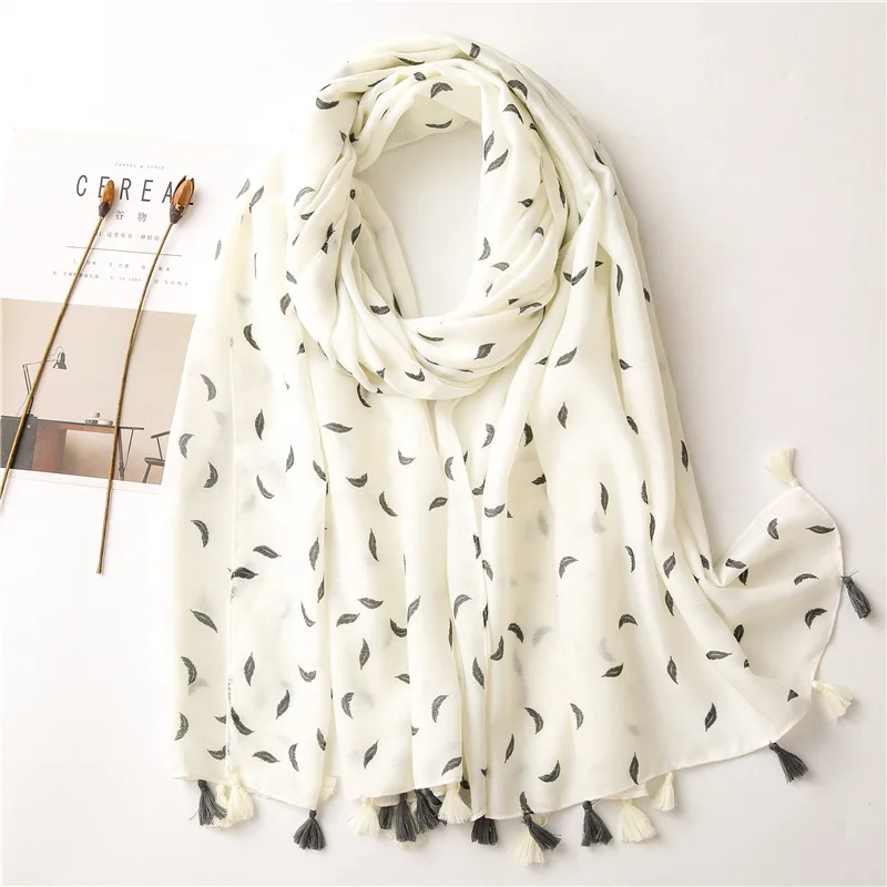 

2020 New Cotton Feather Print Tassel Scarves Shawls Women Long Leaf Pattern Scarf Wrap Hijab Free Shipping