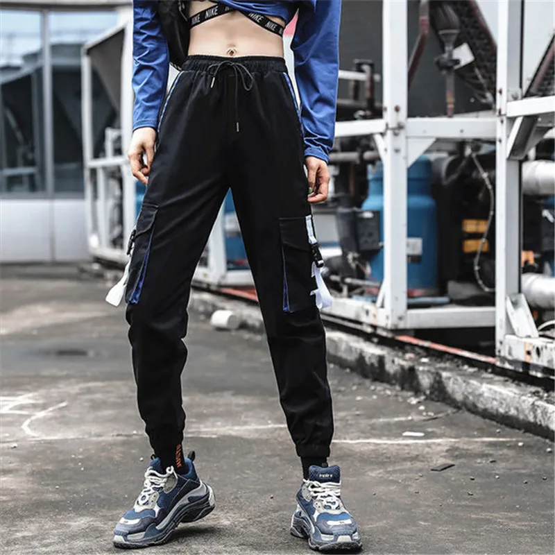 Vrouwen Broek Patchwork Hip Hop Cargo Broek Losse Streetwear Potlood Broek Zwarte Hoge Taille Vrouwen Zakken Pantalone Streetwear